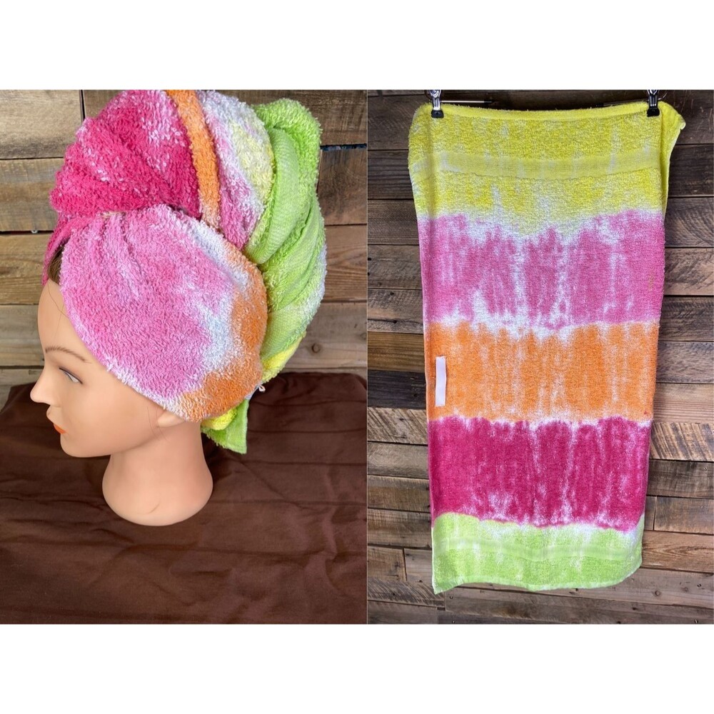 Tie Dye Hair Wrap Towel Soft 100% Cotton Yellow Pink Orange Handmade 20X40 in